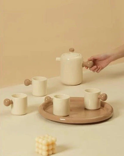 Cute Whimsical Dopamine Bauhaus Tea Pot & Tea Cups Set of 8 Pcs - Handmade Ceramic Teaset Gift Box