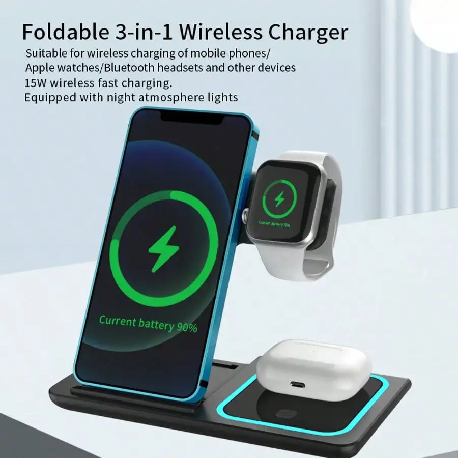 3-in-1 Wireless Charging Station with Mobile Phone Holder and LED Indicator for iPhone 17/16/15/14/13/12 Pro Max, Apple Watch Series 10/9/8/7/6/5, and AirPods 3/2 - Fast Charging Dock