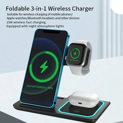 3-in-1 Wireless Charging Station with Mobile Phone Holder and LED Indicator for iPhone 17/16/15/14/13/12 Pro Max, Apple Watch Series 10/9/8/7/6/5, and AirPods 3/2 - Fast Charging Dock