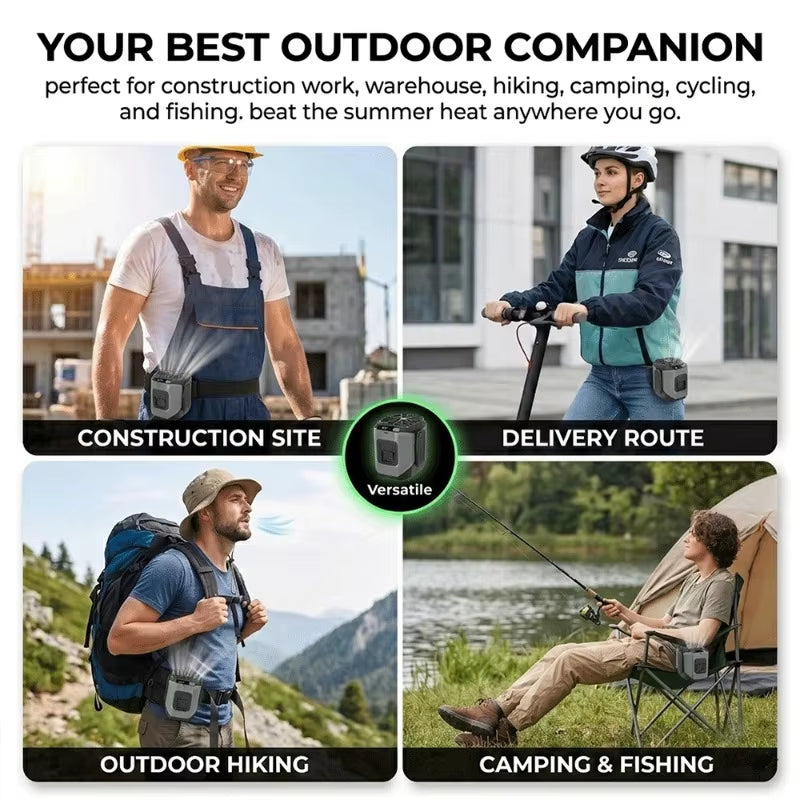 Rechargeable Portable Waist Fan with Flashlight and Power Bank Function for Hands-Free Use in Outdoor and Indoor Activities