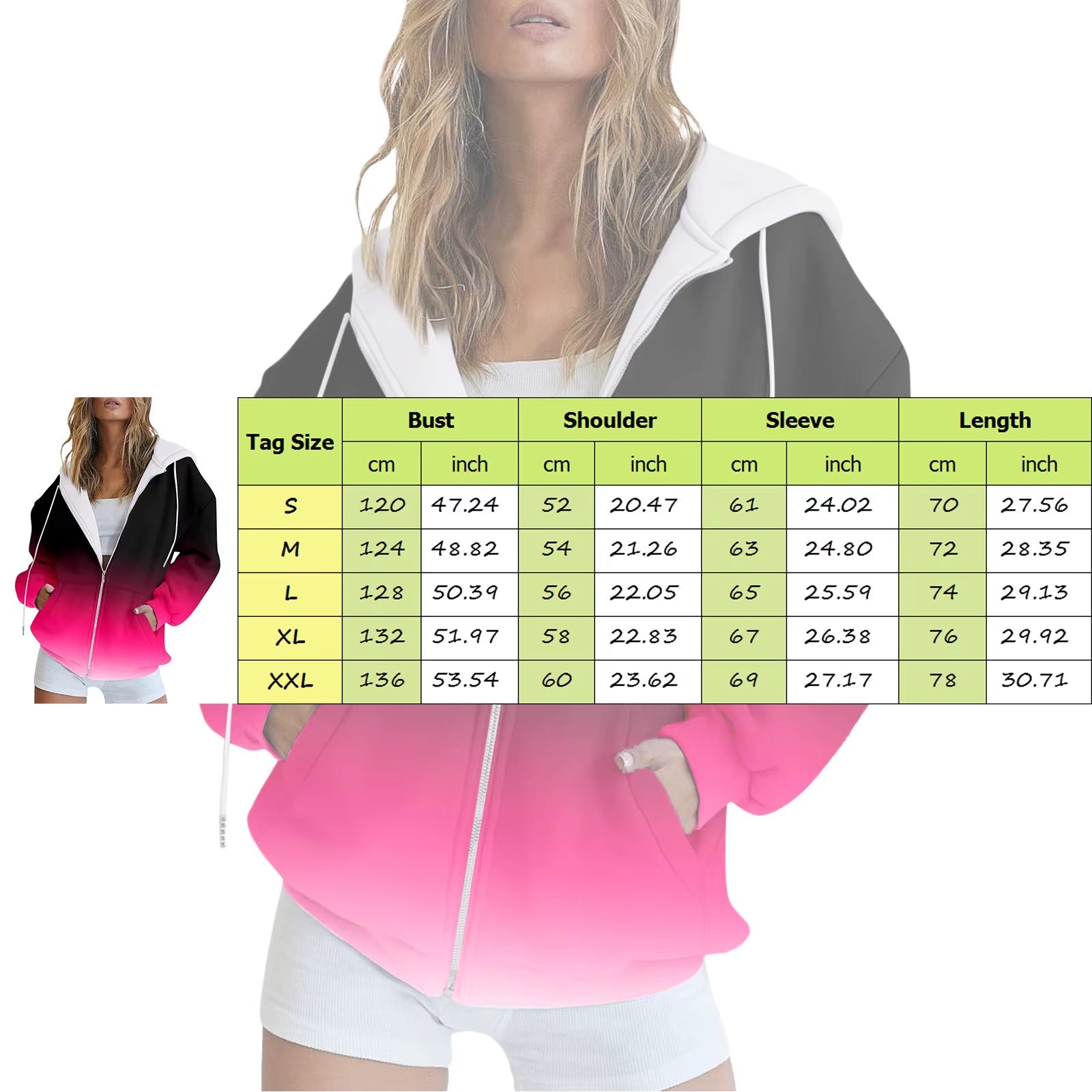 Women Hooded Drawstring Casual Jacket Sweatshirt Gradient Color Coats with Pockets Zip up Loose Outerwear Fashion Hoodies