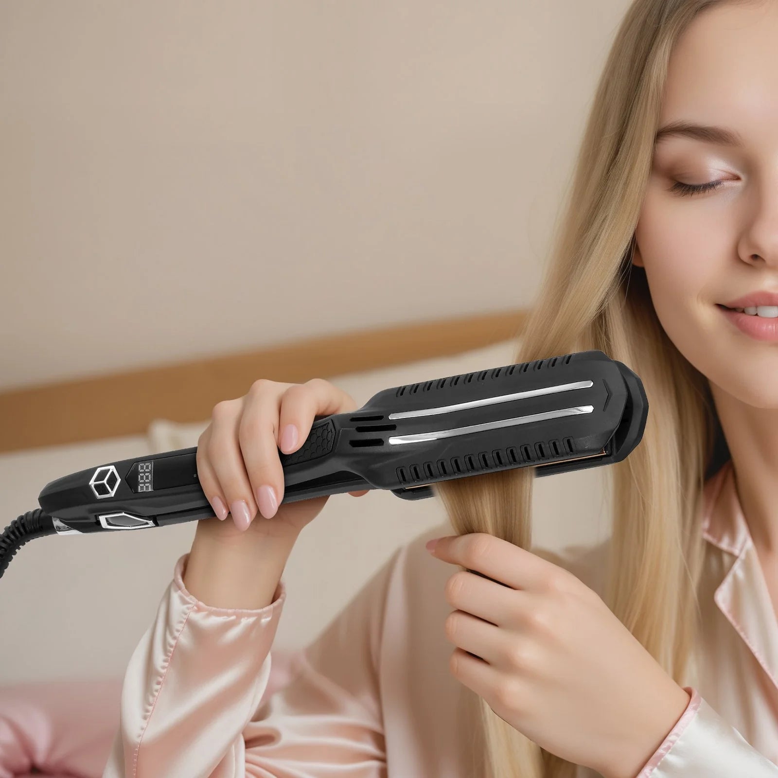 Hair Straightener, 1.5-Inch Titanium Flat Iron, Dual Infrared Hair Straightener Flat Iron with LCD Display and 19 Temp Levels -  Dual Voltage 110V/240V for Salon Home Travel Use