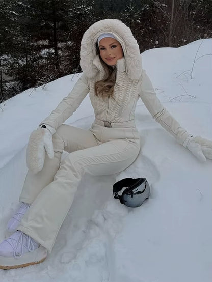 Casual Fur Collar Hooded Ski Suit Women'S Slim Belted Zipper Coat Straight Pant Jumpsuits 2025 New Winter Ladies Solid Outwear