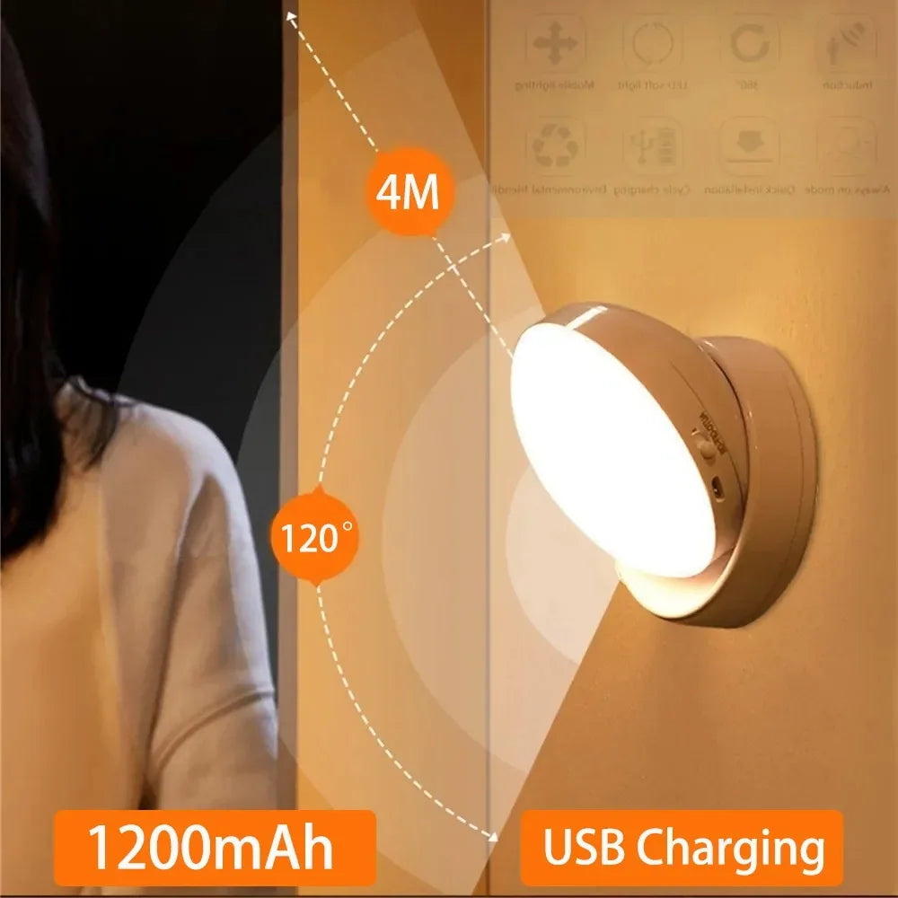 USB Rechargeable Motion Sensor LED Night Light - Energy-Efficient Round Lamp for Bedroom, Corridor, and Bathroom Wall Illumination