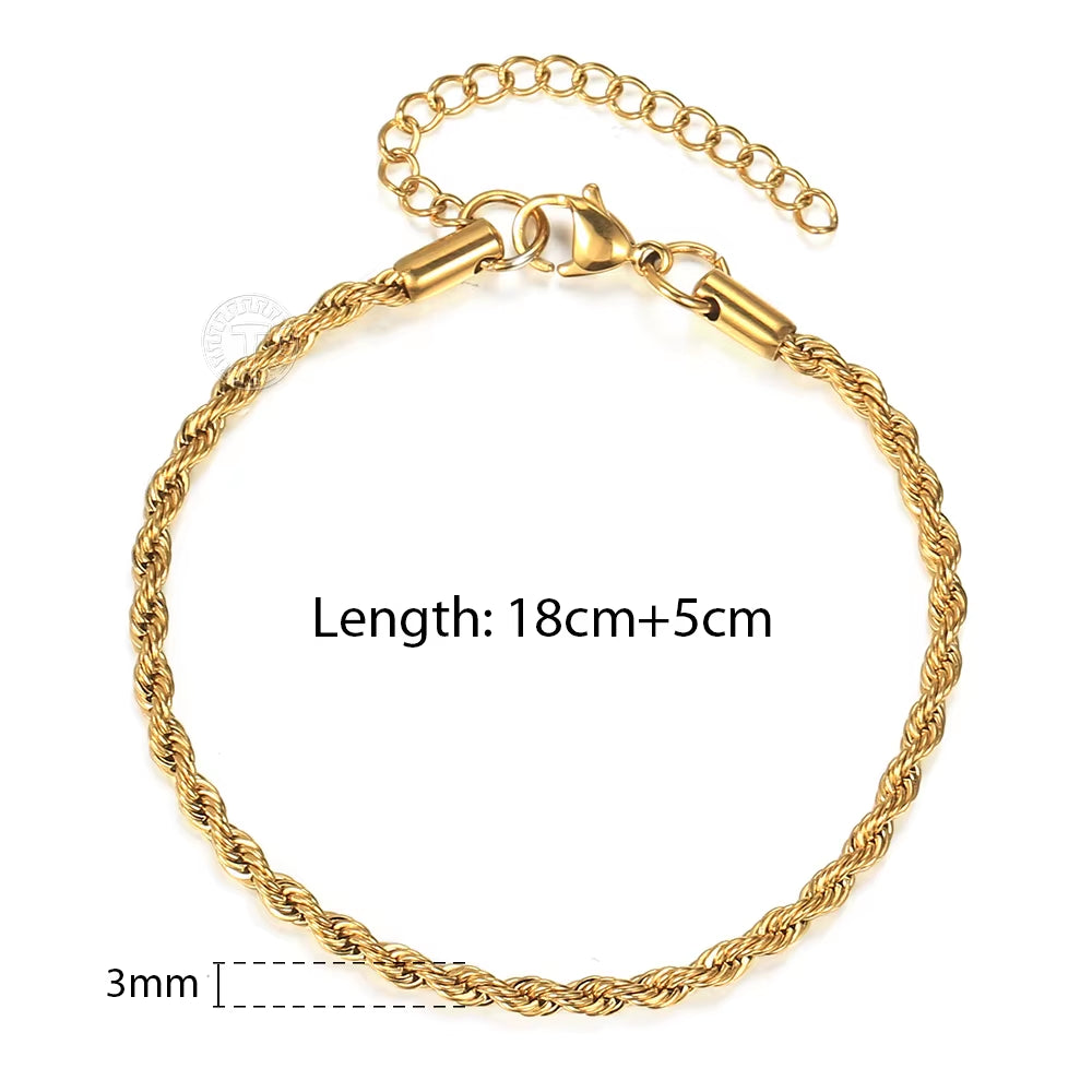 2/3/4/5Mm Stainless Steel Twisted Rope Chain Bracelets for Women Men Fashion Punk Bangle Length Adjustable 18Cm+5Cm