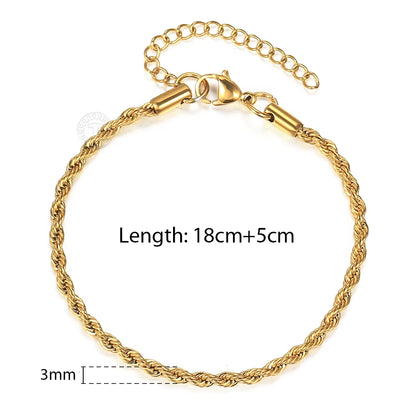 2/3/4/5Mm Stainless Steel Twisted Rope Chain Bracelets for Women Men Fashion Punk Bangle Length Adjustable 18Cm+5Cm