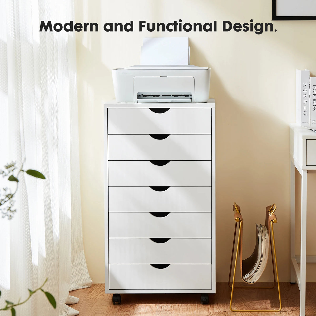 JHK 7-Drawer Wooden Mobile Storage Cabinet with Wheels for Office and Living Room Organization