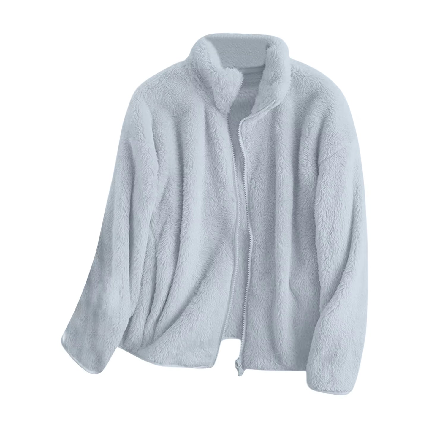 Women Casual Zip up Fleece Jacket Solid Color Long Plush Polar Warm Zipper Outwears Female Gils Lamb Wool Jackets with Pockets