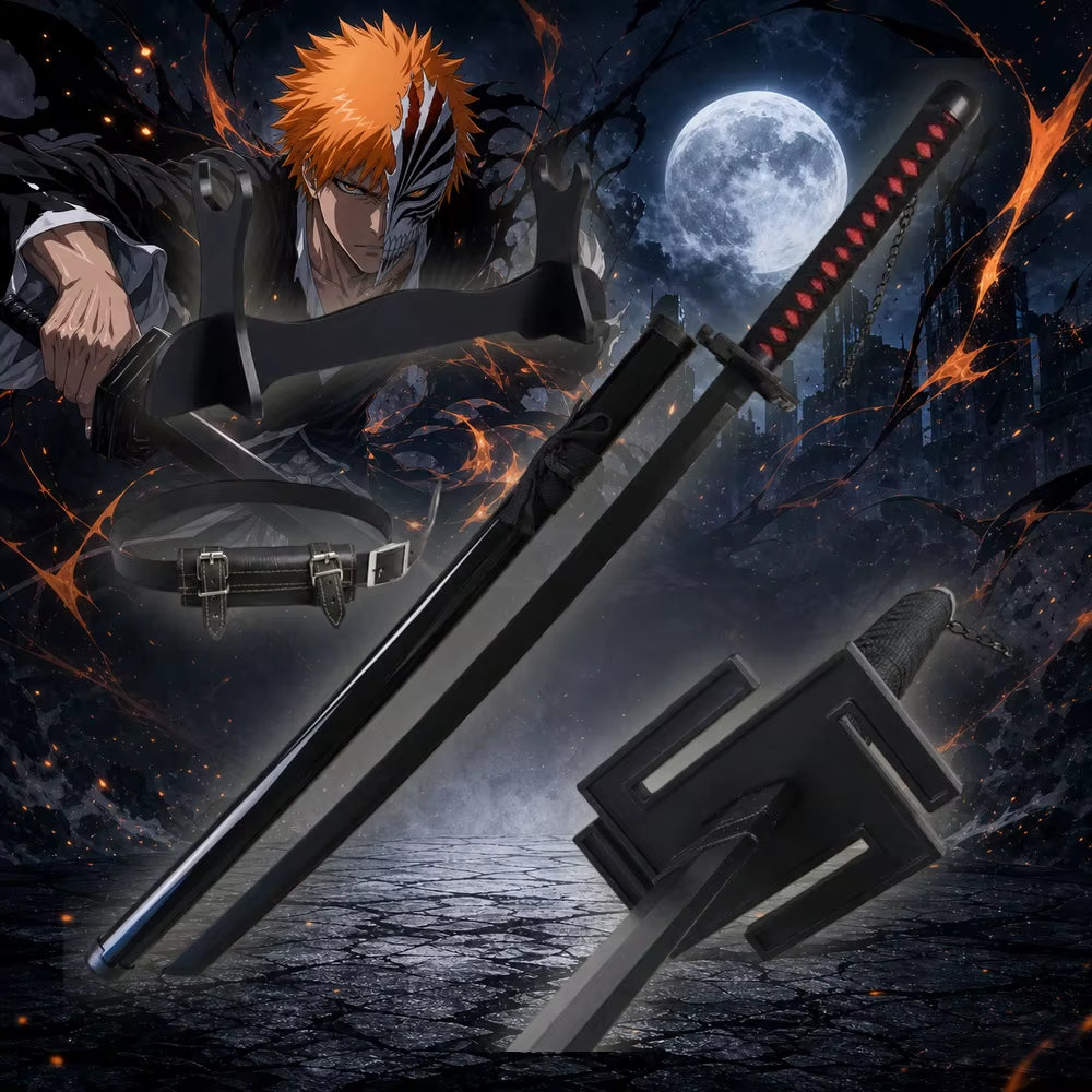 40-Inch Ichigo Kurosaki Tensa Zangetsu Katana Sword - Black Blade Anime Cosplay Prop with Wooden Bamboo Stand and Belt Holster - Full Size Japanese Wooden Sword for Display and Collection