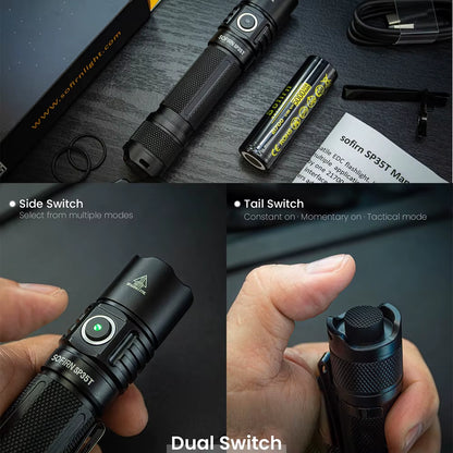 SP35T 3800Lm Tactical 21700 Flashlight Powerful LED Light USB C Rechargeable Torch with Dual Switch Power Indicator ATR