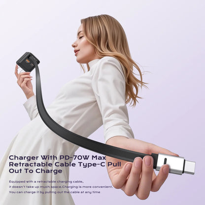 ASOMETECH 70W GaN Charger with Retractable Type-C Cable, 45W PD QC PPS Travel Charger for iPhone 16, MacBook, Tablets, and Samsung Devices