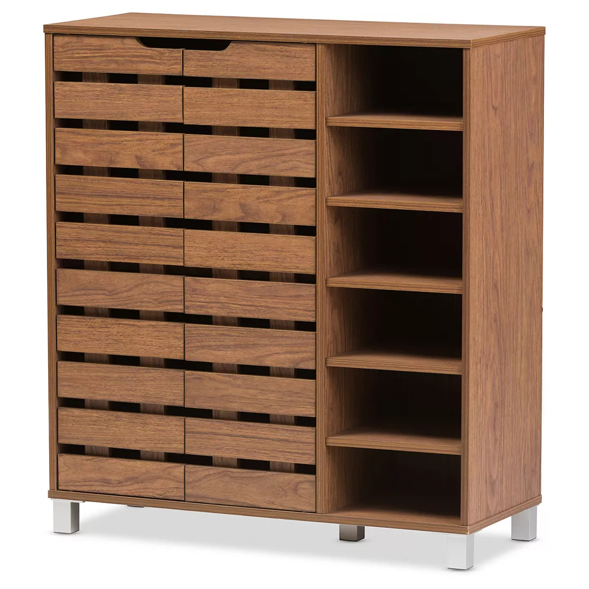 Modern and Contemporary 2 Door Shoe Cabinet with Open Shelves Walnut Brown: Entryway Organizer, 24-Pair Storage