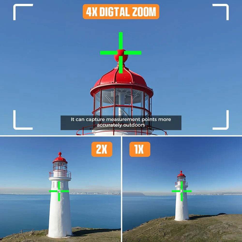  Laser Distance Measure 120M 393Ft Digital Pointfinder 4X Zoom P2P Technology IP68 Waterproof Bluetooth Wireless Charging 2.4" IPS Display