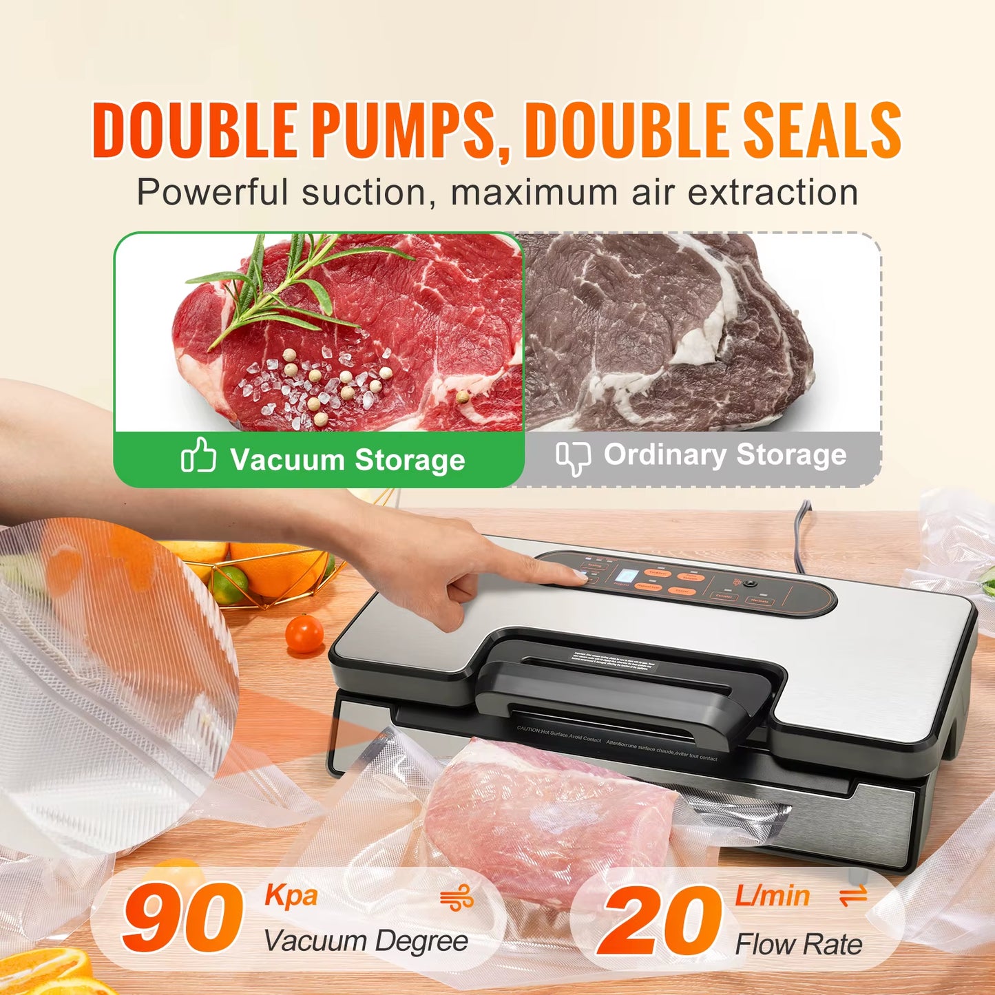 90Kpa 130W Vacuum Sealer Food Packaging Machine with Free 10Pcs Vacuum Bags for Household Kitchen Vacuum Food Sealing