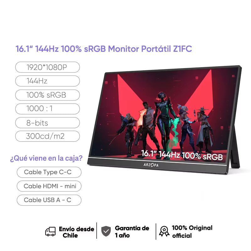 ARZOPA 16.1" 144Hz 100% Srgb 1080P FHD Portable Gaming Monitor HDR External Second Screen for Switch, Xbox,Ps5,Laptop,Pc,Z1Fc