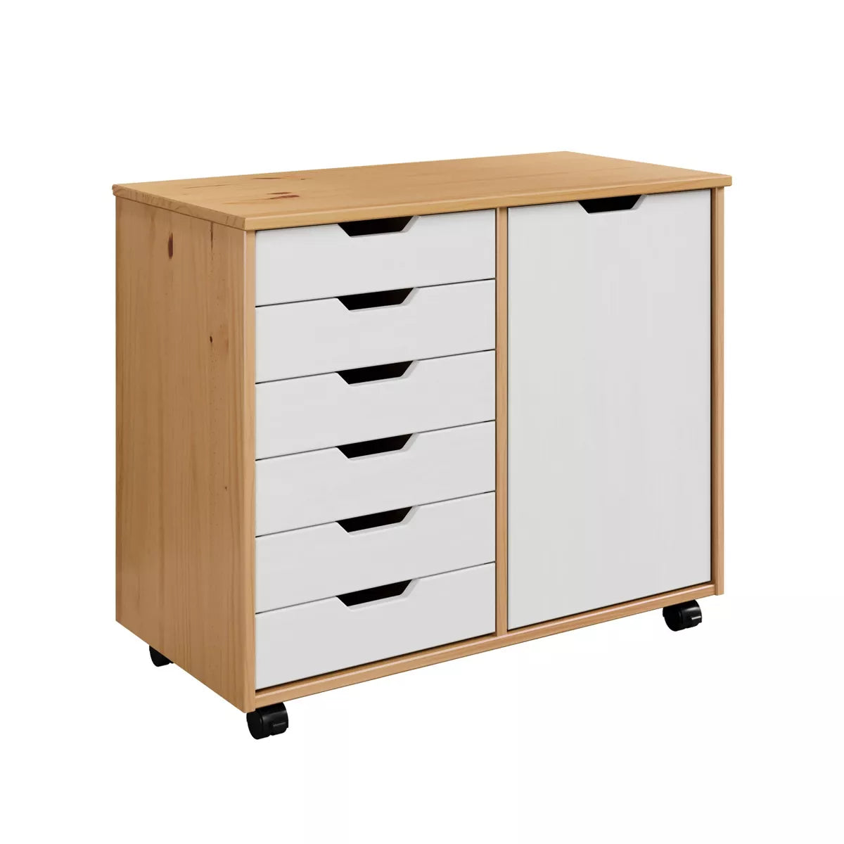 6 Door Drawer Roll Cart White and Natural Wood