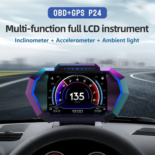 OBD + GPS HUD P24 Car OBD Head up Display HUD on Board Computer Digital Speedometer Water Temp Fuel Consumption Slope Meter