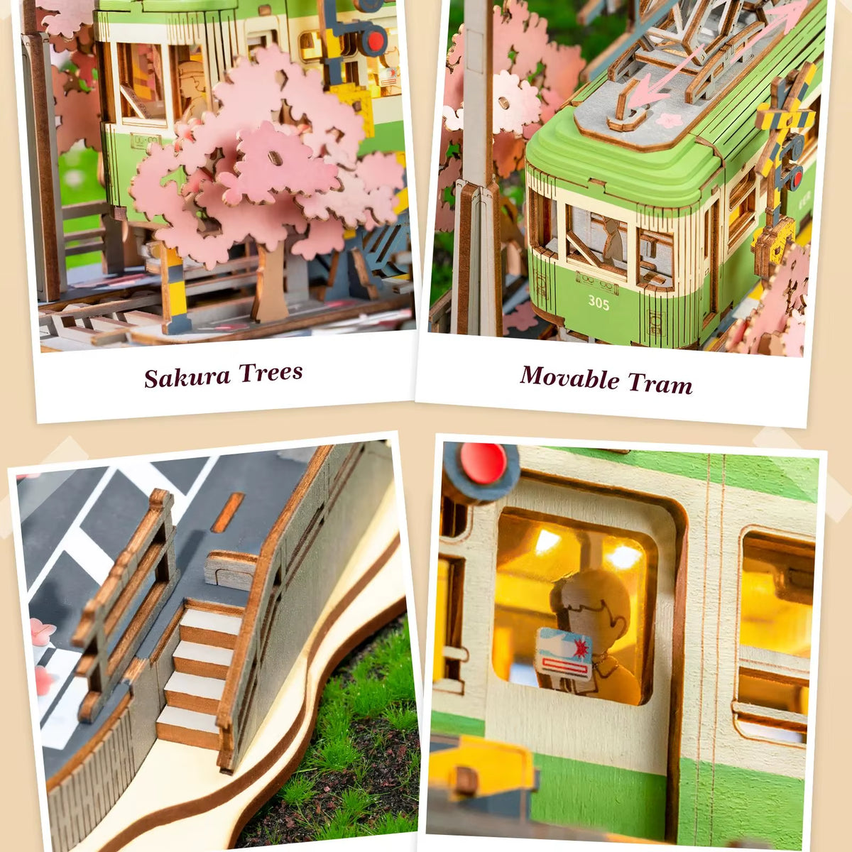 Rolife Wooden 3D Puzzle Sakura Journey Tram DIY Model Kit with LED for Home Decor and Gift for Adults and Families