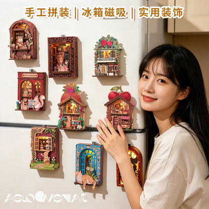DIY 3D Book Nook Fridge Magnet Kit - Creative Assembly Model with Miniature Furniture and Animal Decor for Dollhouse Enthusiasts