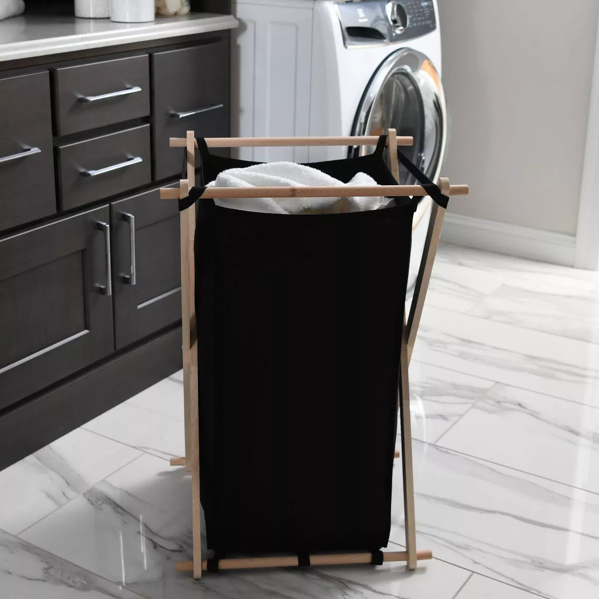 Wood X-Frame Laundry Hamper in Black with Liner - Collapsible Sorter, 139.72L Capacity