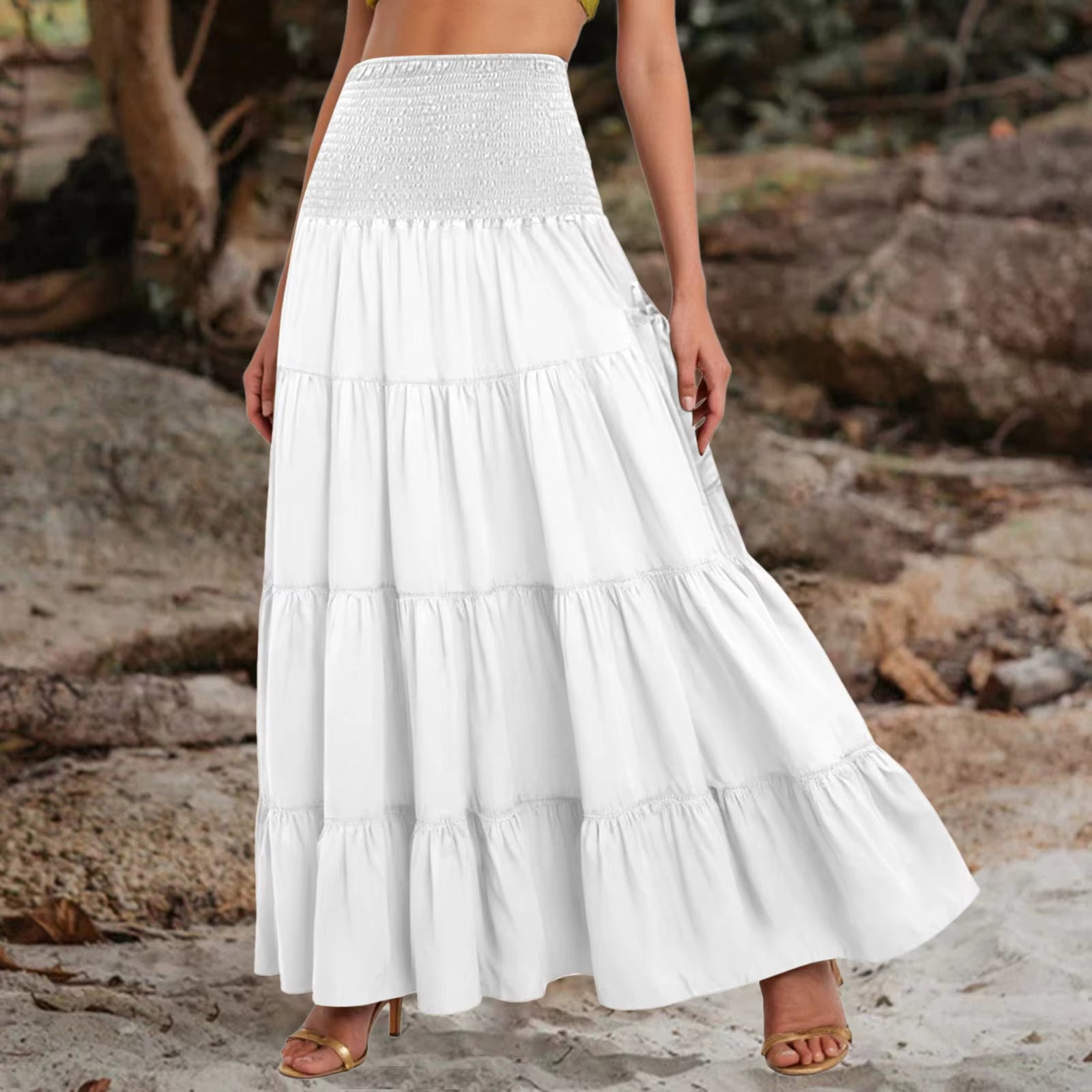 Boho Tiered A-Line Skirt Women Forest Fairy Pockets Patchwork Long Dress Elastic Waist Vintage Hippie Gypsy Maxi Skirt 스커트