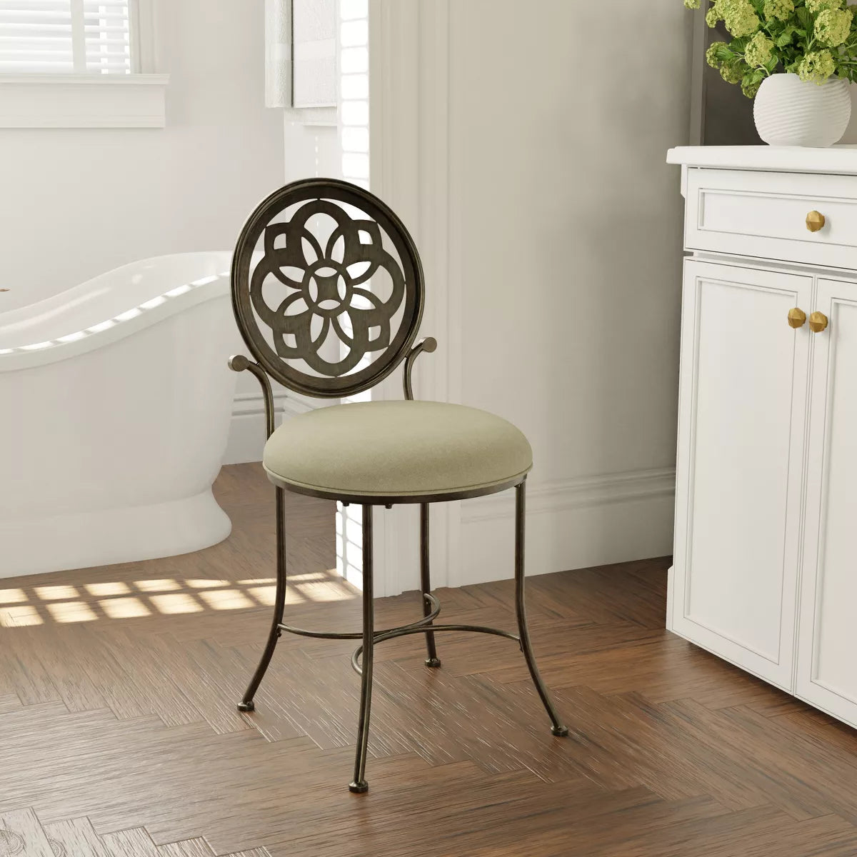 19" Marsala Metal Vanity Stool Antiqued Gray/Cream - Pewter Finish