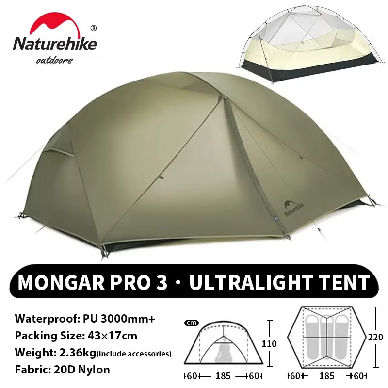 Naturehike Mongar PRO Ultralight Waterproof Tent for 1-3 Persons - 20D Nylon Camping and Backpacking Solution