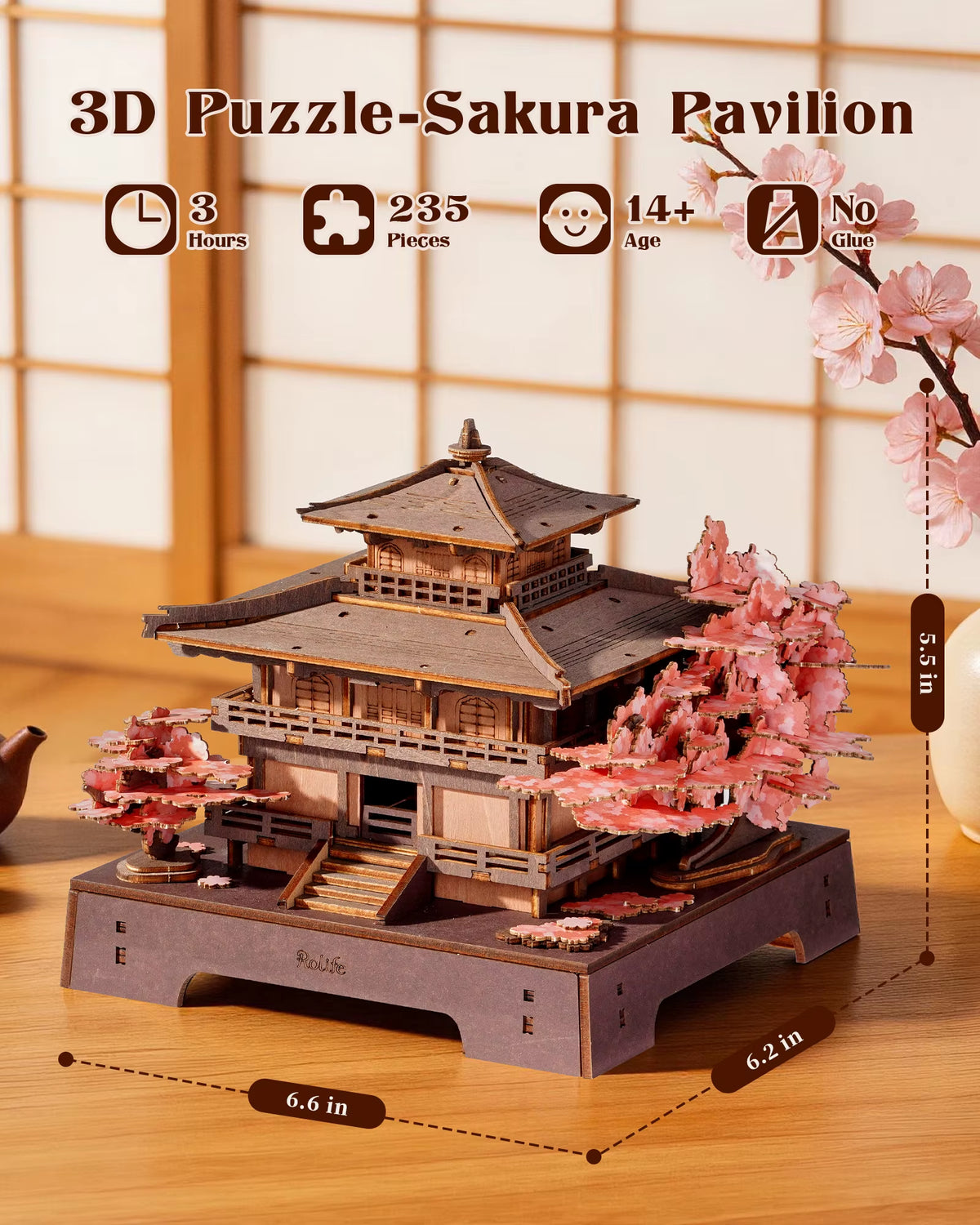 ROKR Sakura Pavilion 3D Wooden Puzzle - Japanese Architectural Model Featuring Cherry Blossom Design, 235-Piece DIY Craft Kit for Adults and Teens