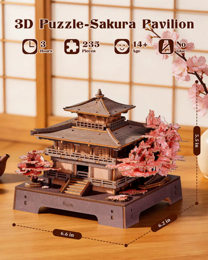 ROKR Sakura Pavilion 3D Wooden Puzzle - Japanese Architectural Model Featuring Cherry Blossom Design, 235-Piece DIY Craft Kit for Adults and Teens