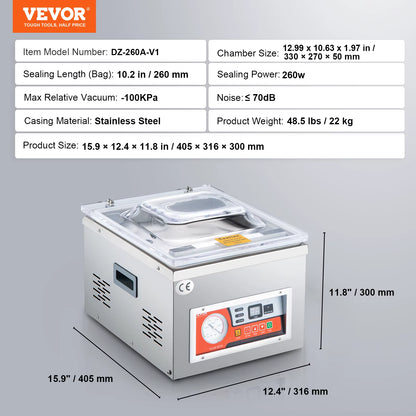 DZ-260A Chamber Vacuum Sealer with 15.7" Sealing Length Vacuum Packing Machine for Home Wet Foods Meats Marinades
