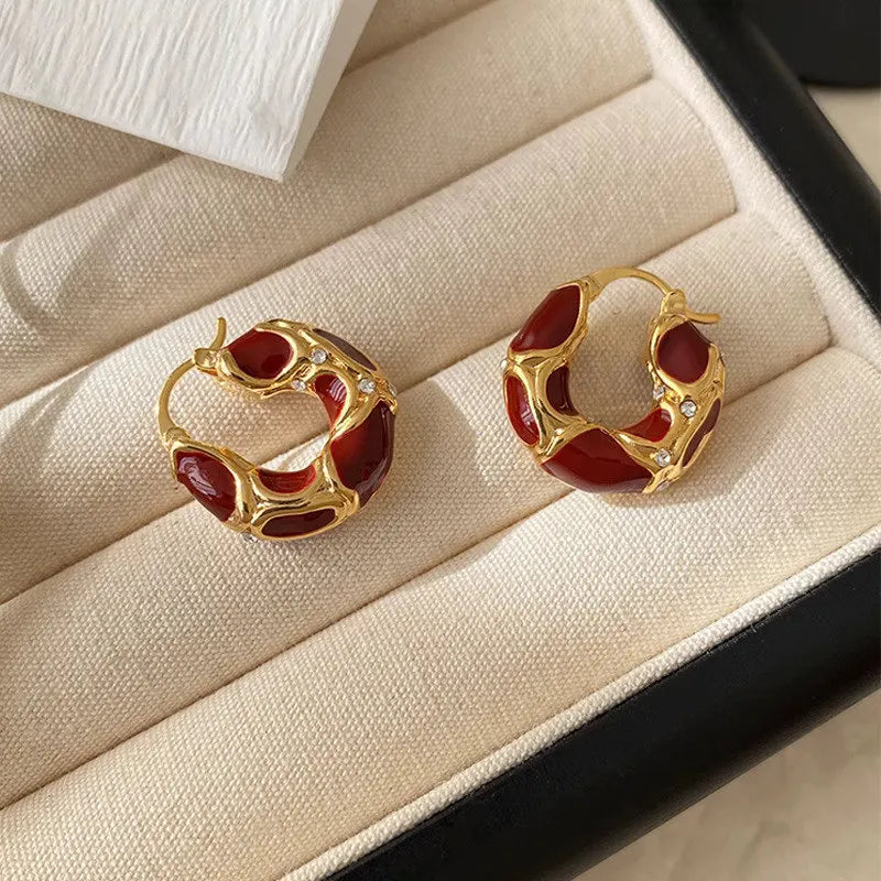 Gold Plated Black Enamel Irregular Hoop Earrings with Crystal Accents for Women
