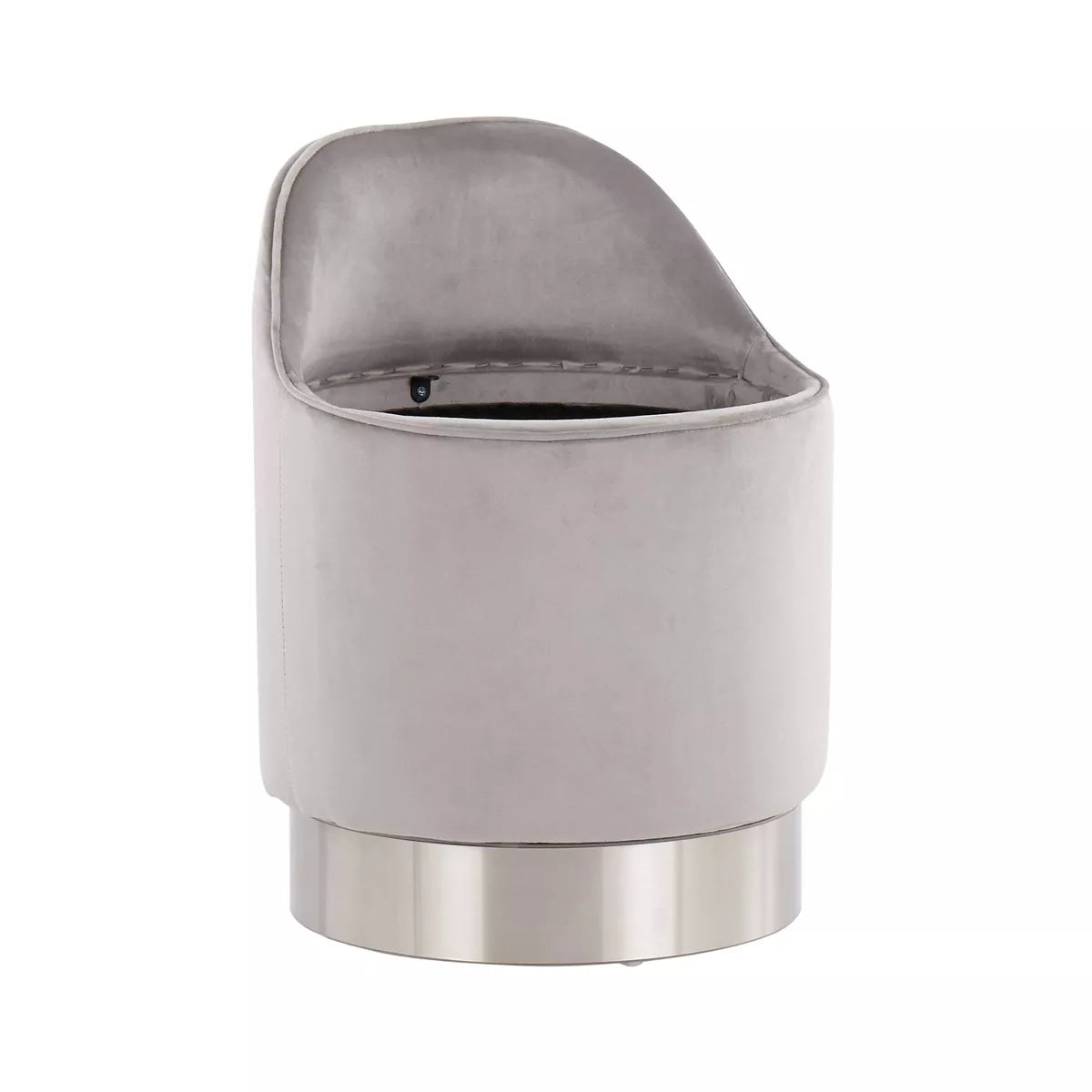 Glam Vanity Stool Steel/Velvet Chrome/Silver: Round, Swivel, Mid-Century Modern Ottoman with Storage