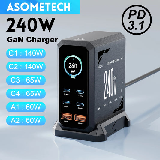 ASOMETECH 240W GaN Fast Charging Station - 6-in-1 Desktop Charger with 140W PD3.1, USB Type-C, QC3.0, and PPS for MacBook, iPhone 16, and Samsung Devices