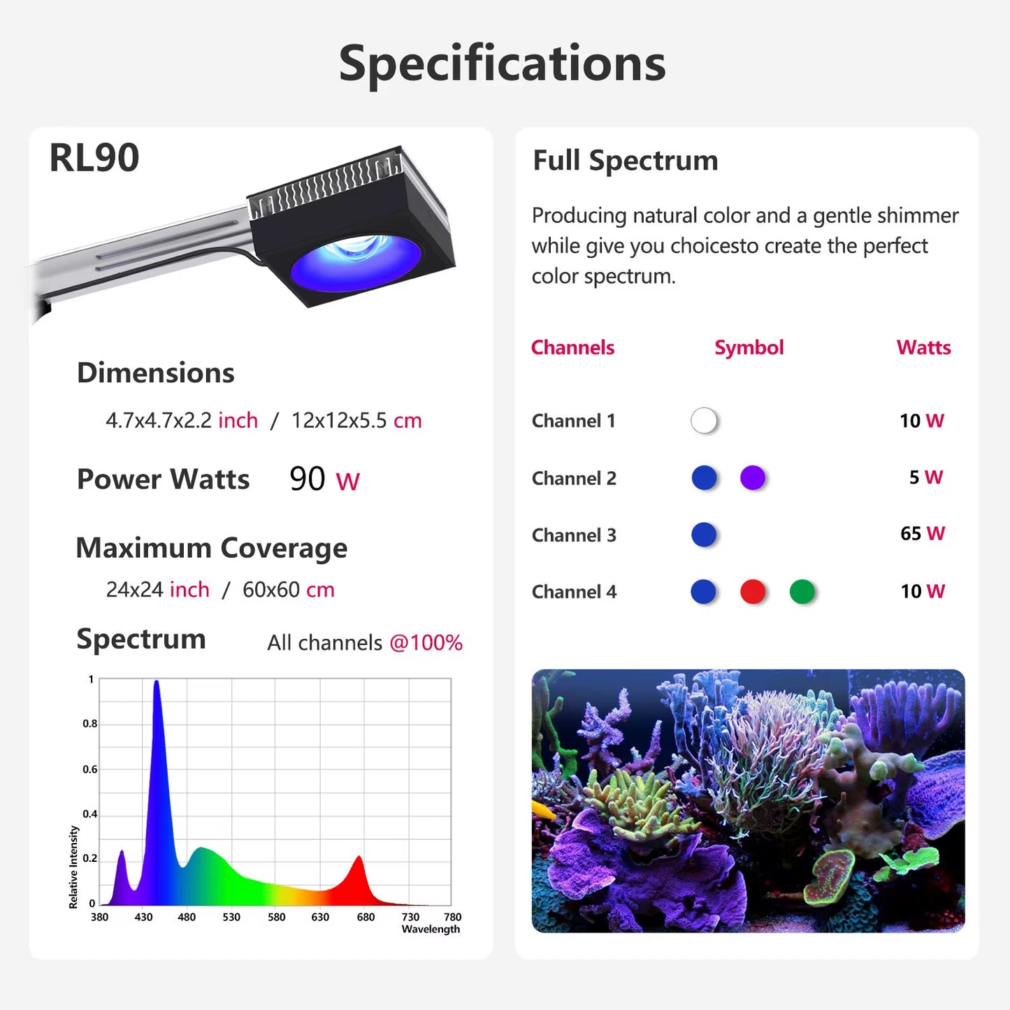 Popbloom RL90 Wifi Reef Aquarium Light 100W, Professional Marine Aquarium LED Full Spectrum for Reef Coral SPS/LPS Fish Tank LED
