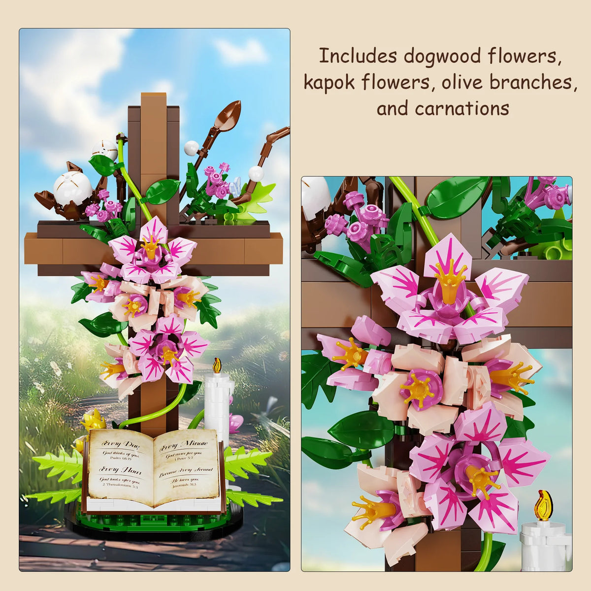Jesus Cross Floral Building Set - Religious Collectible Block Toys for Christmas and Christian Celebrations, Ideal Gifts for Mothers and Women