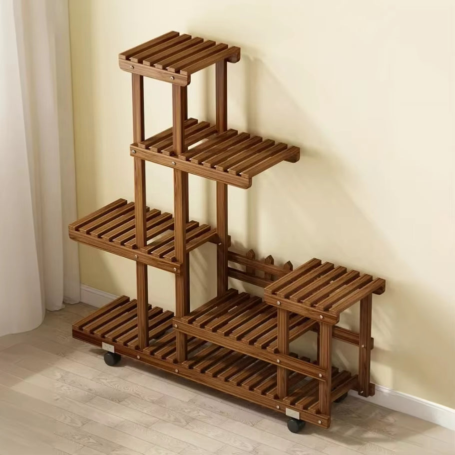 Multi-Tiered Wooden Plant Stand with Wheels for Indoor and Outdoor Use
