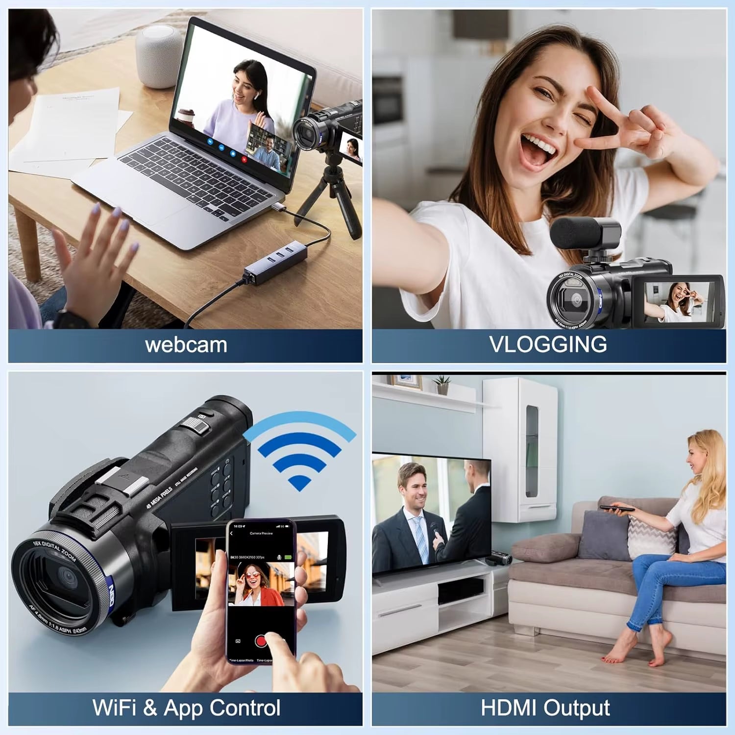 4K Camcorder Video Camera with 48MP Vlogging Camera with Wi-Fi & App Control,Video Recorder with 3X Battery Life, 16X Zoom