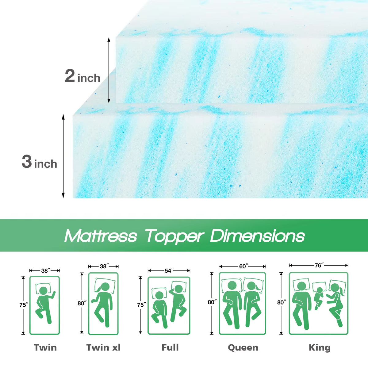 JHK Full Size 2-3 Inch Gel Memory Foam Mattress Topper - Cooling, Soft, and Breathable Bed Topper for School and Bedroom Furniture