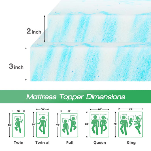 JHK Full Size 2-3 Inch Gel Memory Foam Mattress Topper - Cooling, Soft, and Breathable Bed Topper for School and Bedroom Furniture