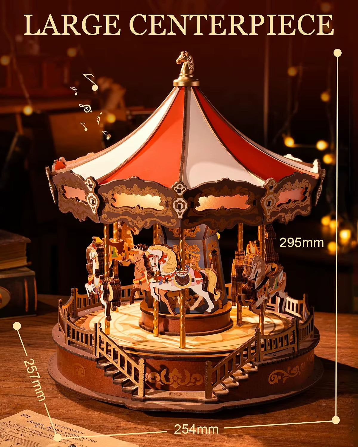 Robotime 3D Wooden Puzzle Carousel Music Box with LED Lights - Gear Model Building Kit for Adults, Ideal Christmas Gift