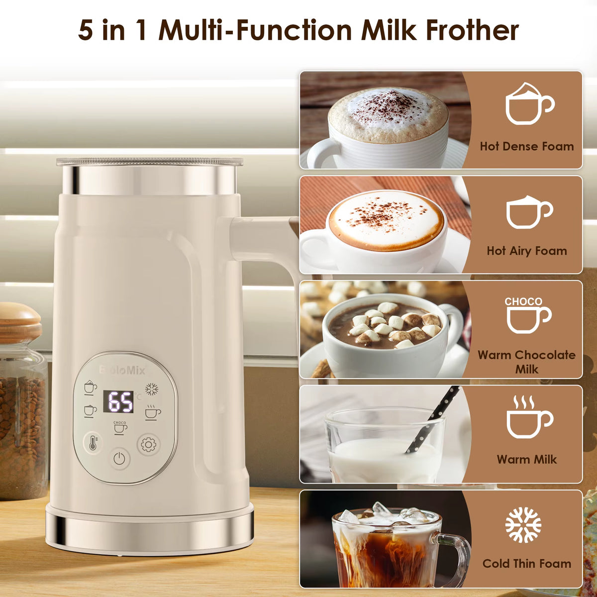 5-In-1 Milk Frother with LED Touch Screen – Hot & Cold Foam Maker for Lattes, Coffee & More