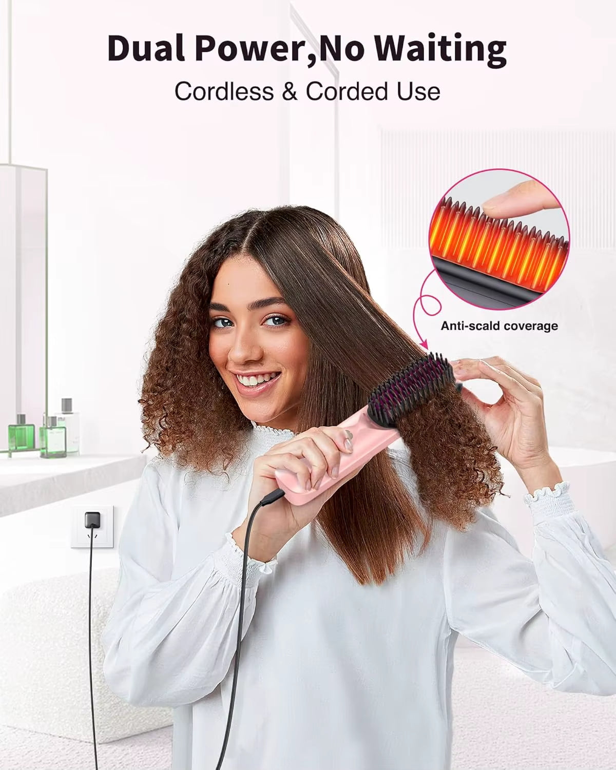 Cordless Hair Straightener Brush 450°F Adjustable Temp 30S Fast Heating 10000Mah Travel Wireless Straightening Comb Adult Kids