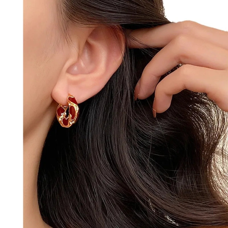 Gold Plated Black Enamel Irregular Hoop Earrings with Crystal Accents for Women