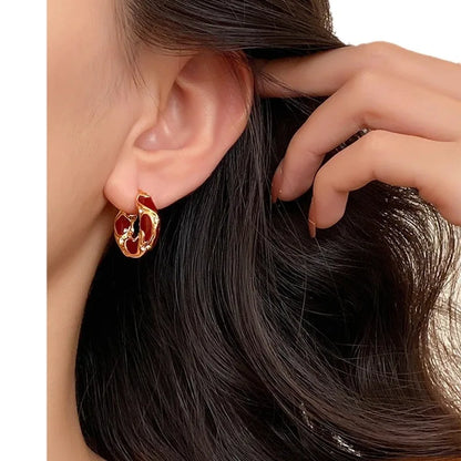 Gold Plated Black Enamel Irregular Hoop Earrings with Crystal Accents for Women