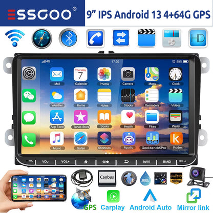 9-Inch Android 14 Car Stereo with 4G+64G, Wireless CarPlay, GPS Navigation, WiFi, RDS FM, Bluetooth, and Equalizer for VW Golf 5/6, Passat, Polo, Touran, Tiguan, Caddy, and EOS