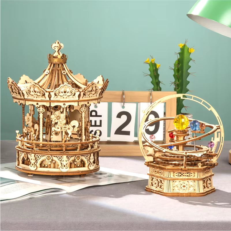 Robotime 3D Wooden Puzzle - 336-Piece Rotatable DIY Romantic Carousel Music Box Assembly Toy for Children and Adults (AMK62)