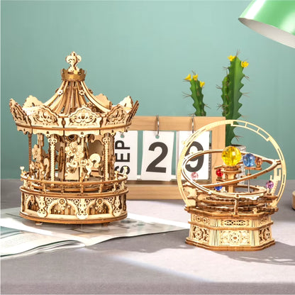 Robotime 3D Wooden Puzzle - 336-Piece Rotatable DIY Romantic Carousel Music Box Assembly Toy for Children and Adults (AMK62)