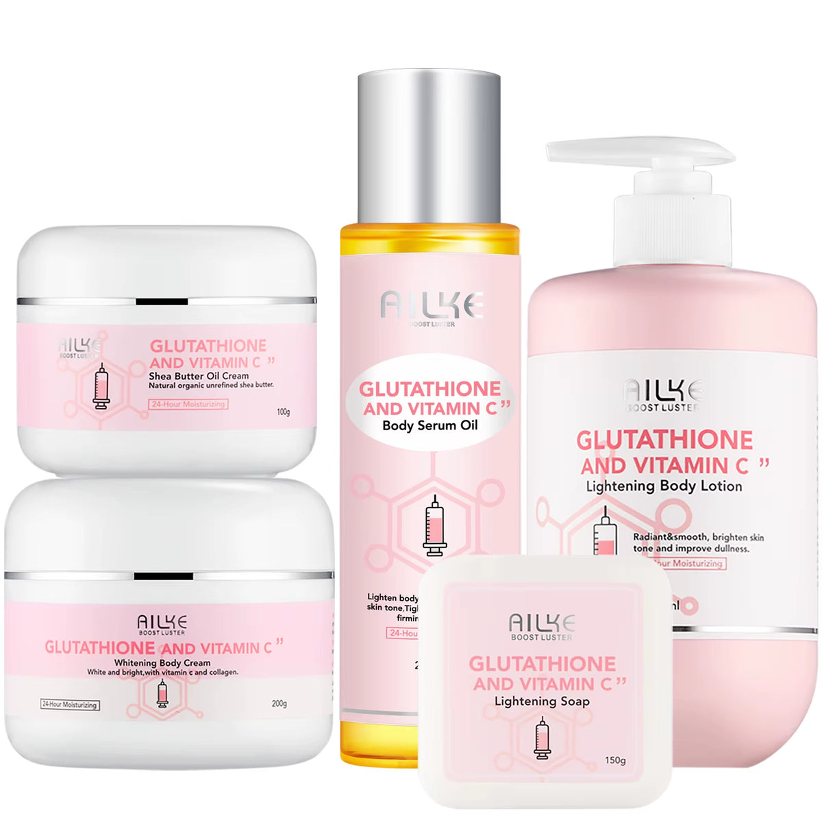 AILKE Glutathione and Vitamin C Skincare Set: Whitening Lotion, Moisturizing Cream, Lightening Soap, Spa Oil, and Glowing Body Cream