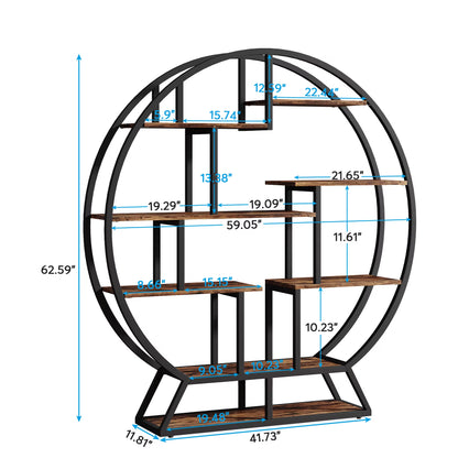 Tribesigns 63-Inch Industrial Wood Bookcase with Staggered Shelves and Round Design