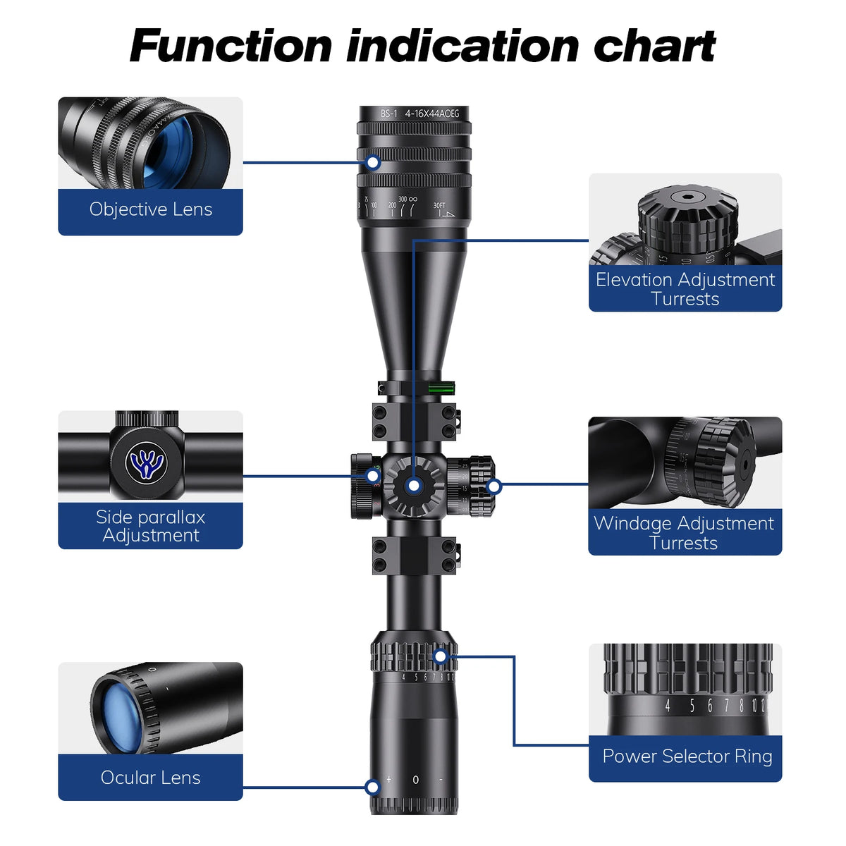 Tactical 4-16X44 AOE Hunting Scope with Red and Green Illuminated Reticle for Airsoft and Firearm Applications